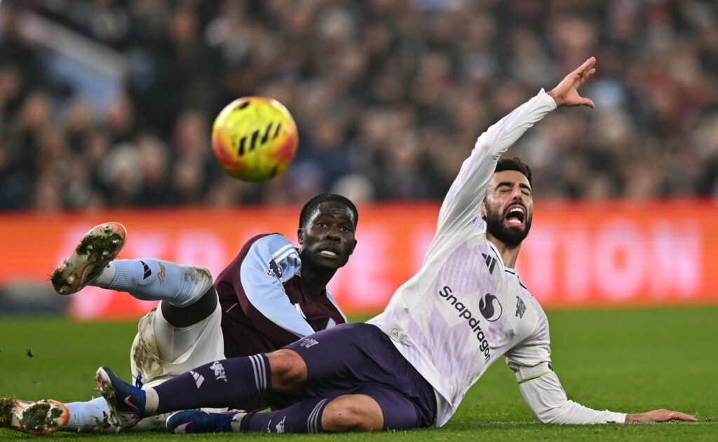 Bruno Fernandes reacts to being fouled by Amadou Onana during Aston Villa's win over Manchester United