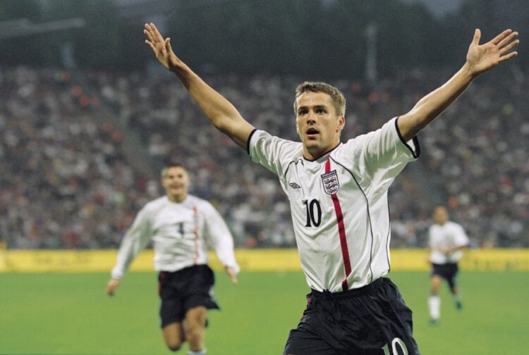 1 Sep 2001:  Michael Owen of England celebrates scoring a goal during the FIFA 2002 World Cup Qualifier against Germany played at the Olympic Stadi...