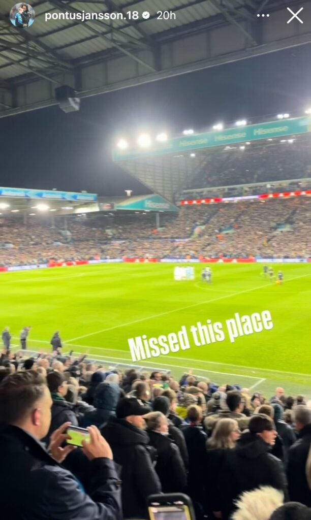 Screenshot of Pontus Jansson's Instagram after attending Leeds v Liverpool.