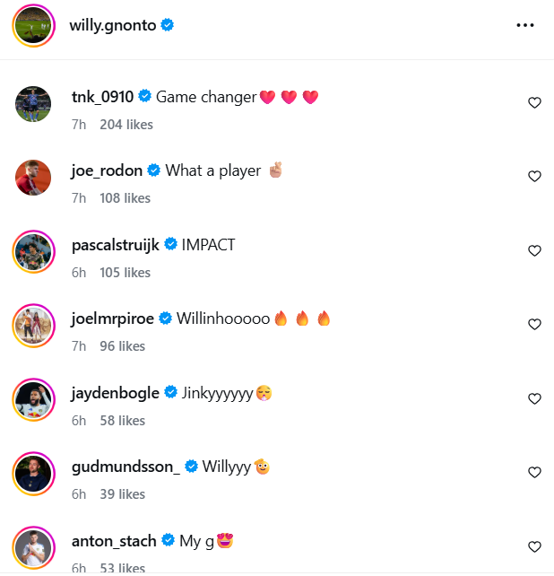 Screenshot of Leeds players commenting on Willy Gnonto's Instagram after draw v Liverpool.