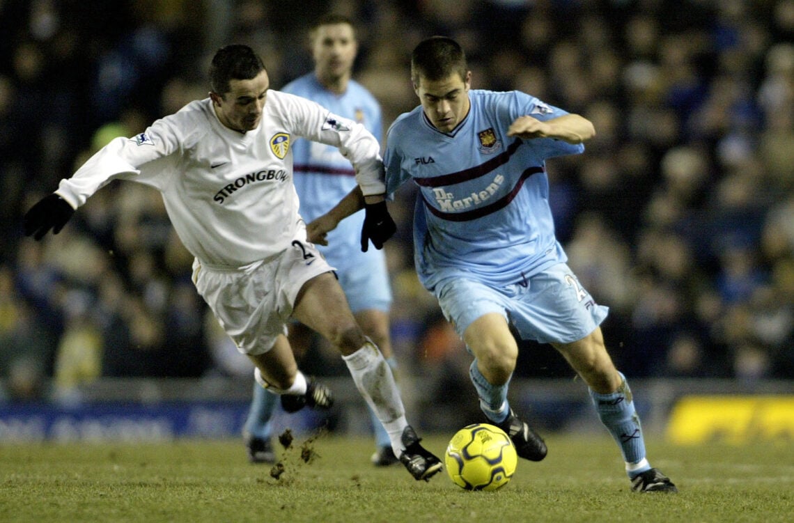 1 Jan 2002: Gary Kelly of Leeds battles with Joe Cole of West Ham during the Leeds United v West Ham Utd FA Barclaycard Premiership match at Ellan...