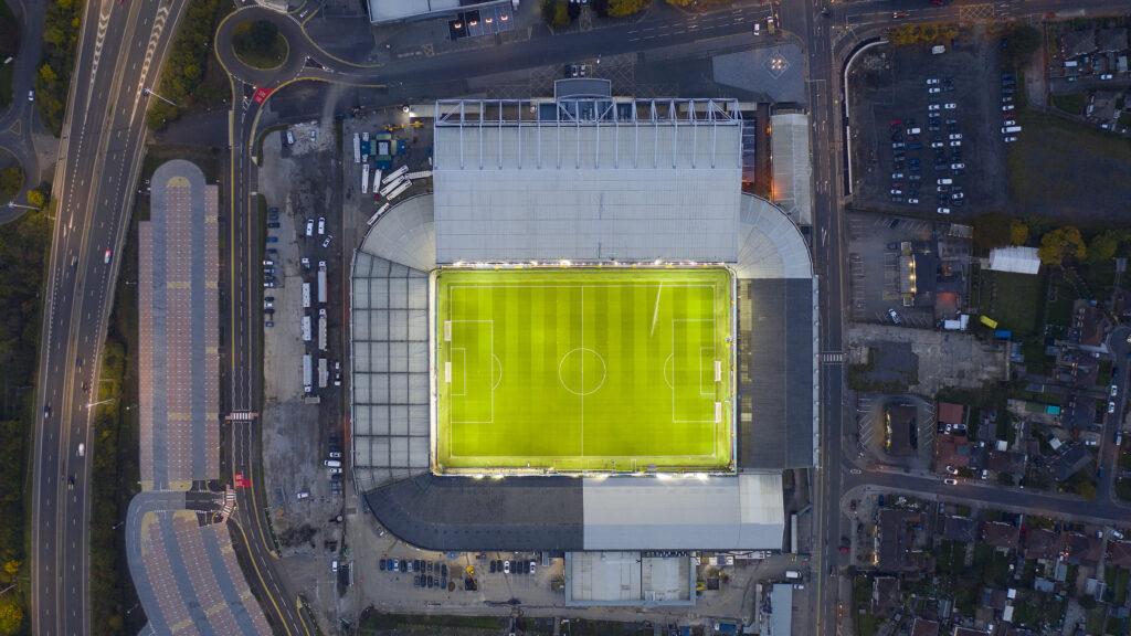 An aerial view of Elland Road, home stadium of Leeds United during the Premier League match between Leeds United and Wolverhampton Wanderers at Elland Road on October 19, 2020 in Leeds, United Kingdom. Sporting stadiums around the UK remain under strict restrictions due to the Coronavirus Pandemic as Government social distancing laws prohibit fans inside venues resulting in games being played behind closed doors.