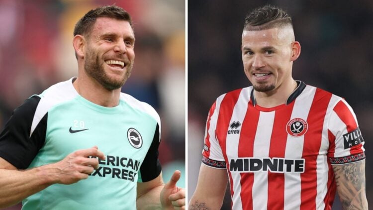 James Milner warning up for Brighton on the left. Kalvin Phillips in his action for loan club Sheffield United.